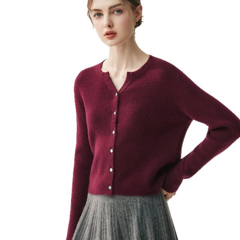 Women's Solid Color Cashmere Cardigan - Round V-Neck, Single-Breasted Wool Sweater for Autumn/Winter.