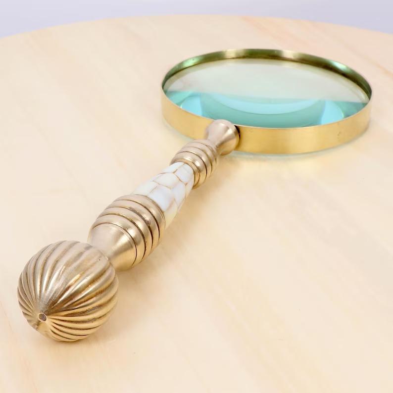 Total Length, Collectible Desk - Vintage Brass Magnifying Glass with Mother of Pearl Inlay Handle