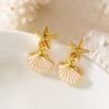 Vacation Style Gold Color Starfish Shell Stud Earrings For Women Seashell Pearl Enamel Asymmetric Ocean Earring Beach Zircon