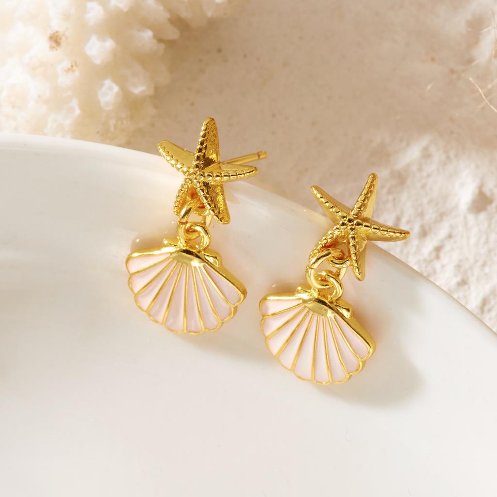 Vacation Style Gold Color Starfish Shell Stud Earrings For Women Seashell Pearl Enamel Asymmetric Ocean Earring Beach Zircon