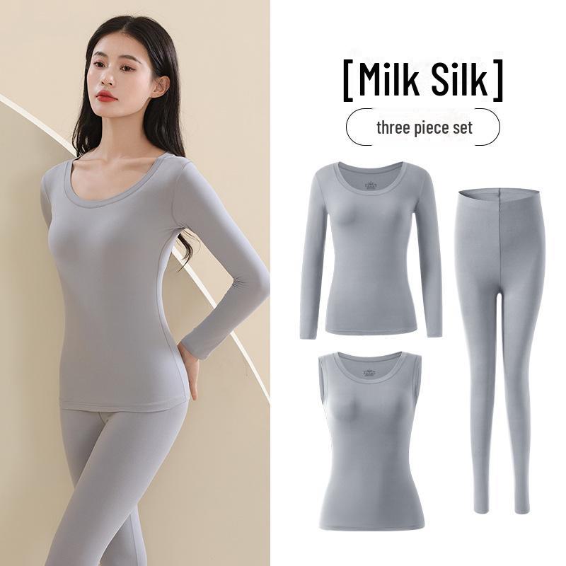 

Женская бесшовная термобархатная рубашка с длинными рукавами и жилет - высокоэластичный, молочный шелк, украшающий кожу осенне-зимний вариант Three piece set, One Size серый