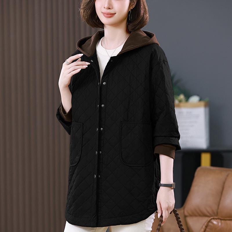 Women's 2024 Autumn/Winter Hooded Cotton Jacket – Loose, Quilted Diamond Pattern, Casual Fashion for Middle-Aged Moms