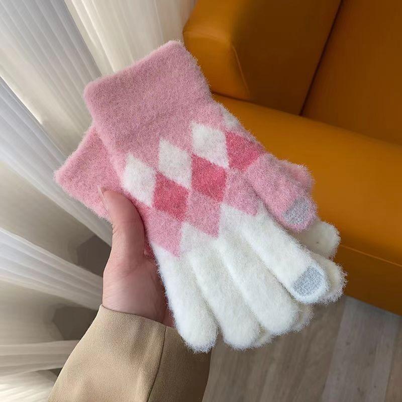Gants chauds en laine pour femmes en automne et en hiver Écran tactile Cyclisme Mignon Hiver Cyclisme Étudiants Cinq doigts Plus Velours Ins Tricoté