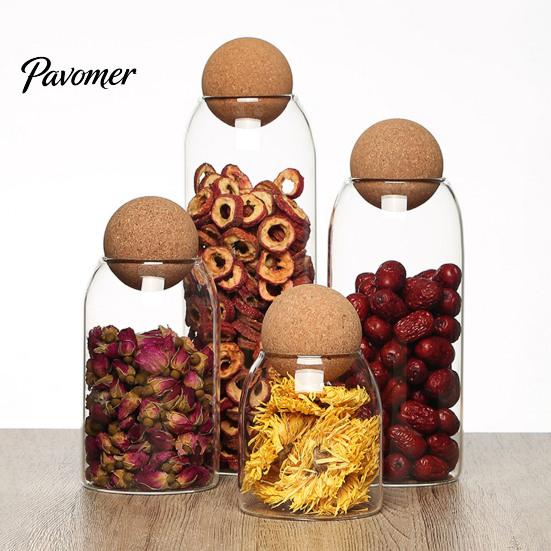 Gift for Home Organization Glass Storage Jar with Wooden Ball Cork Lid, Moisture-proof Airtight Food Heat Resistant Jars Container, Transparent