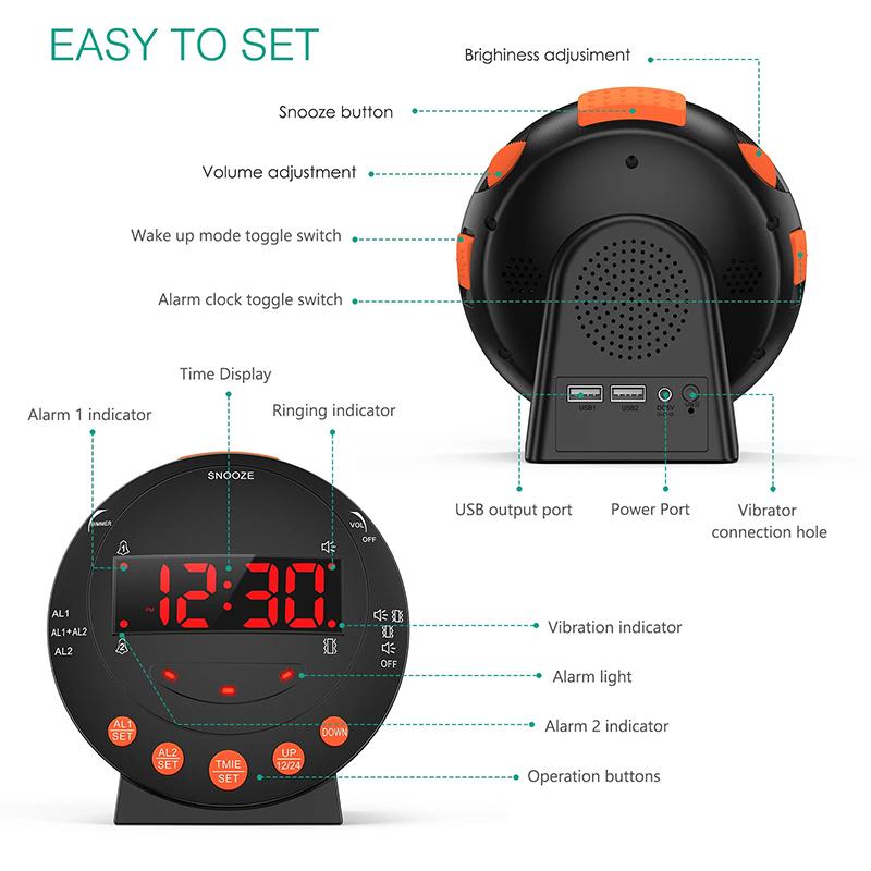 Loud Alarm Clock With Bed Shaker Vibrating Alarm Clock With Flash Light Brightness Adjustable Snooze Dual Alarm Setting Usb