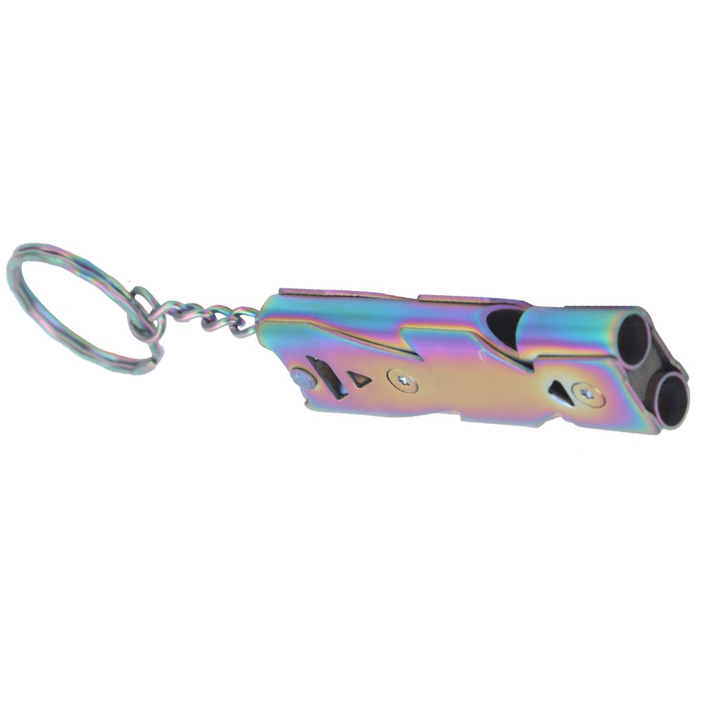 Outdoor Survival Whistle with Keychain Stainless Steel Double Tubes Safety WhistleColorful Titanium