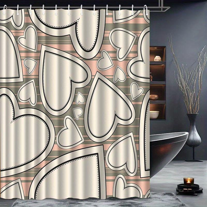 1pc  Heart-print shower curtain with hooks, machine washable polyester material, suitable for bathroom décor.