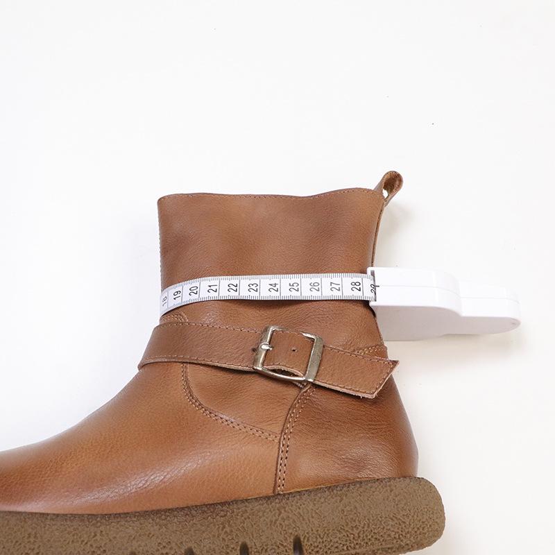 Johnature Retro Klamra Paska Skóra Naturalna Krótkie Botki Okrągły Nosek Boczny Zamek Płaska Podeszwa Damskie Botki