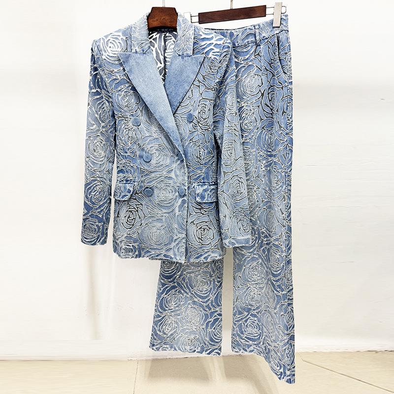 

2026 Spring European & American Celebrity Style Laser Burnout Denim Jacket and Pants Set M джинсовый синий