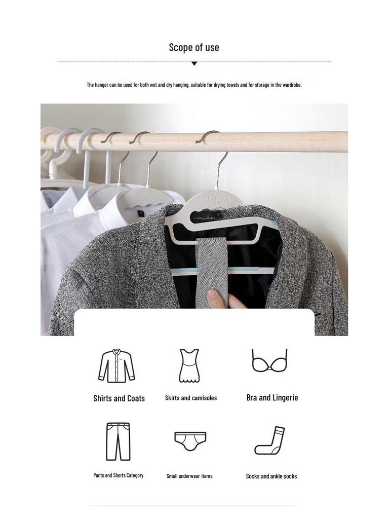 Non-slip, no-mark, reinforced plastic clothes hanger with no shoulder bumps for home use and air drying.