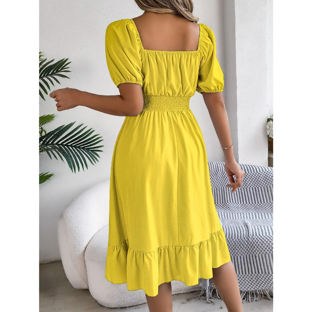 GMXIA Spring and Summer Casual Square-neck Short-sleeved, Waist-cinched, Ruffled A-line Skirt Women's Clothing
