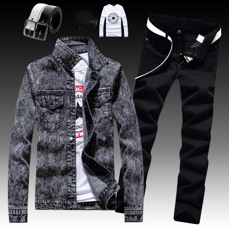 Men's Slim Fit Denim Jacket Pants 2pcs Set Long Sleeve Coats Letters Printed Casual Large Size Black White Red Boys Trousers