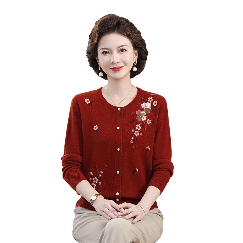 Elegant Women's Pure Wool Cardigan - Autumn/Winter Round Neck Knitwear with Embroidery for Mid-to-Old Age Mothers