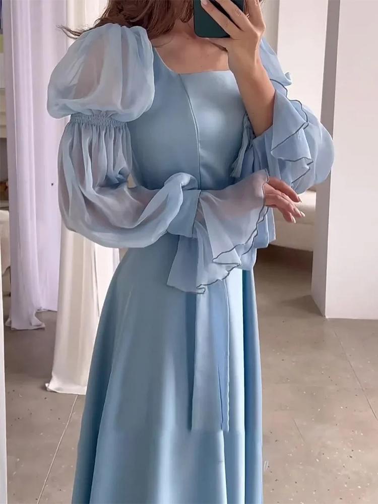 Elegante dame Street Wear Vrouwen Chiffon Satijnen Avondjurk Effen Kleur Vierkante Kraag Riem Flare Mouw Geplooide Vrouwelijke Jurken