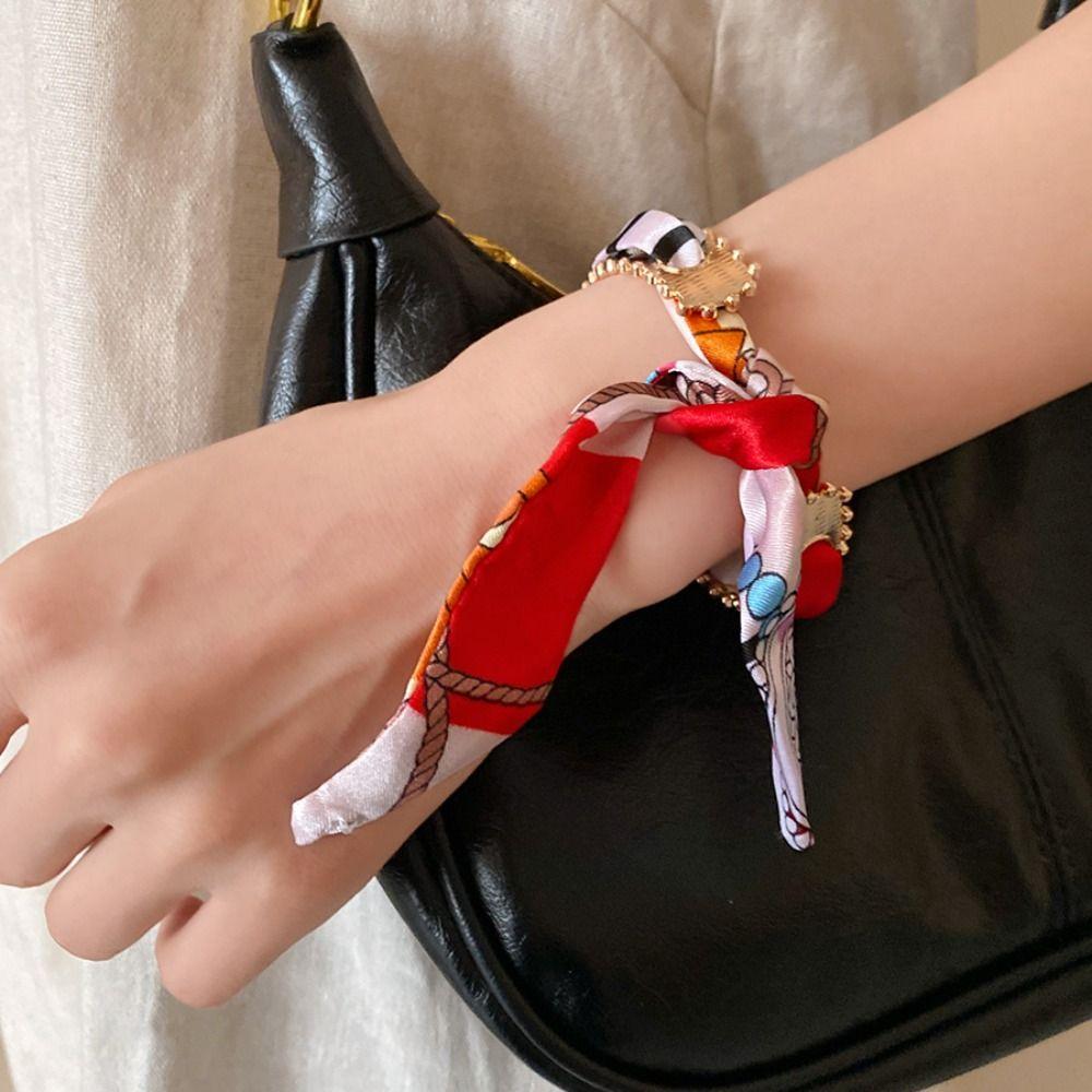 Exaggerated Ethnic Style Wristband Metal Minority Design Silk Cuff Bracelet Europe American Style Retro Bohemian Scarf Bangle