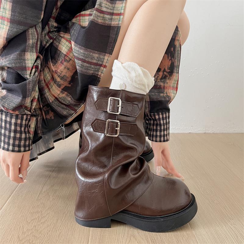 Queen Van Yinglun Maillard brown thick heel heightening short boots women's 2025 new autumn thin trouser boots