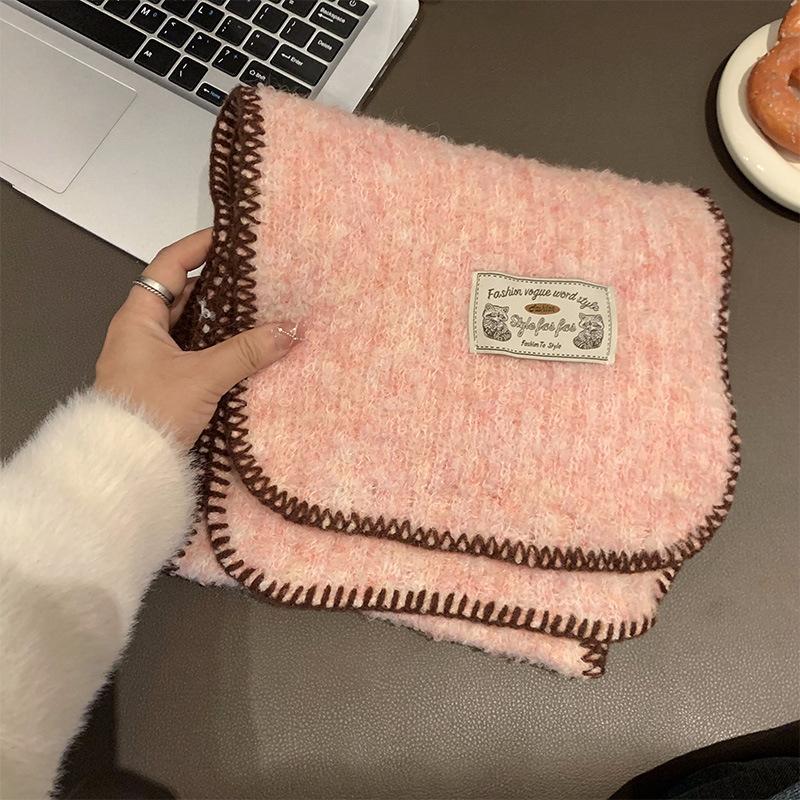New Style Knitted Contrasting Edged Scarf for Women High End Retro Thickened and Warm Korean Version All Match Scarf for Winter