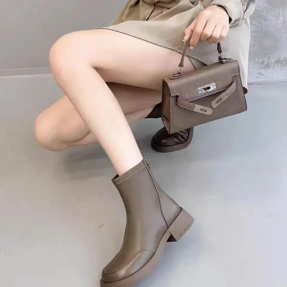 Female Short Shoes Elegant With Medium Heels Round Toe Waterproof Booties Designer Luxury Boot New In Chic Women's Ankle Boots