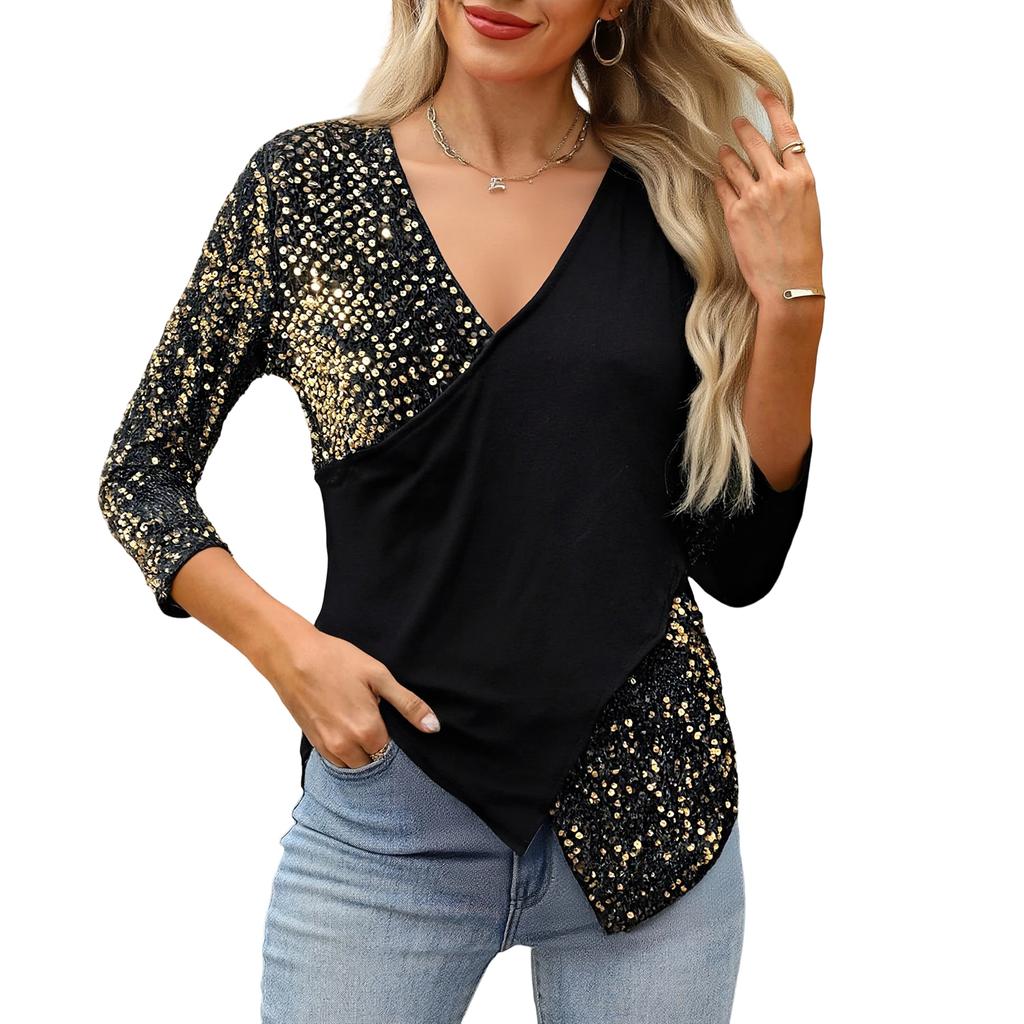 Ladies' Fashionable Casual Sequin Splicing V,neck Hanging Neck Long Sleeved Irregular T,shirt Top
