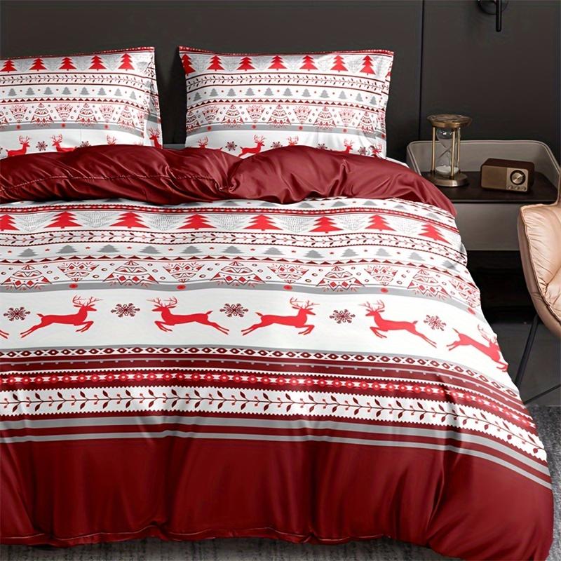 Festive Christmas Deer Print Duvet Cover Set with 2 Pillowcases - for EU Single, EU Double, US Single, US Double, US Queen