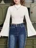 Women Textured Mock Neck Flare Long Sleeve Crop Top Elegant Preppy Style Y2K Rib Knit Slim T Shirt Blouse