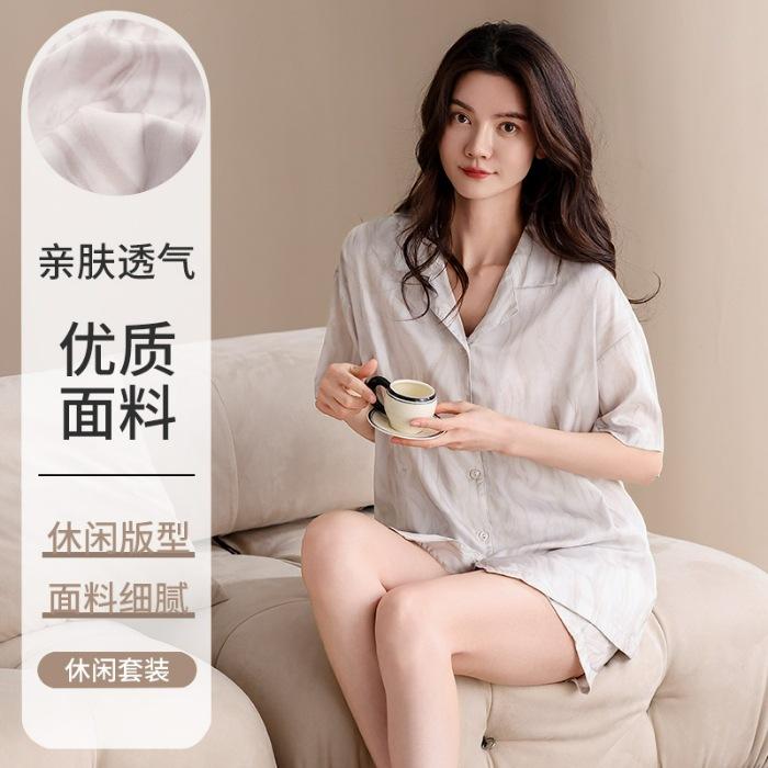

Spot Ice and Snow Silk Pajamas Women s Spring Summer New Short Sleeve Shorts Cardigan Women s Loungewear Two-piece Set XXL