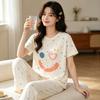 Simple and Fresh Summer Cool Women's Pajamas Casual Style Round Neck Short Sleeves Trousers Air-conditioned Room Loungewear Set Thin