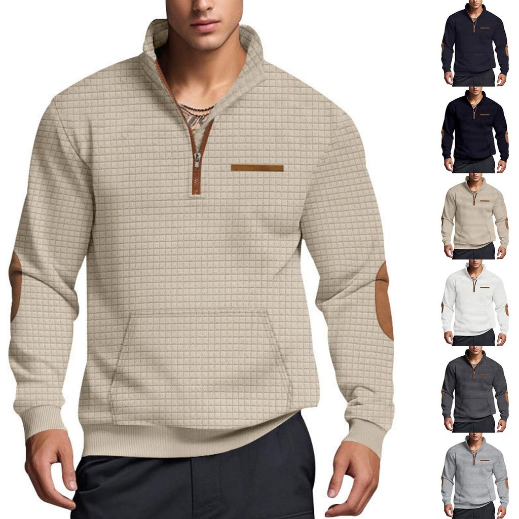 Men's Casual Oversized Solid-Color Outdoor Small Check Stand-Up Collar Half-Zip Sweatshirt
