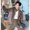 Hong Kong Retro Stand Collar PU Leather Jacket: Men's Trendy, Loose, Padded Shoulder, Motorcycle Style for Spring and Autumn.