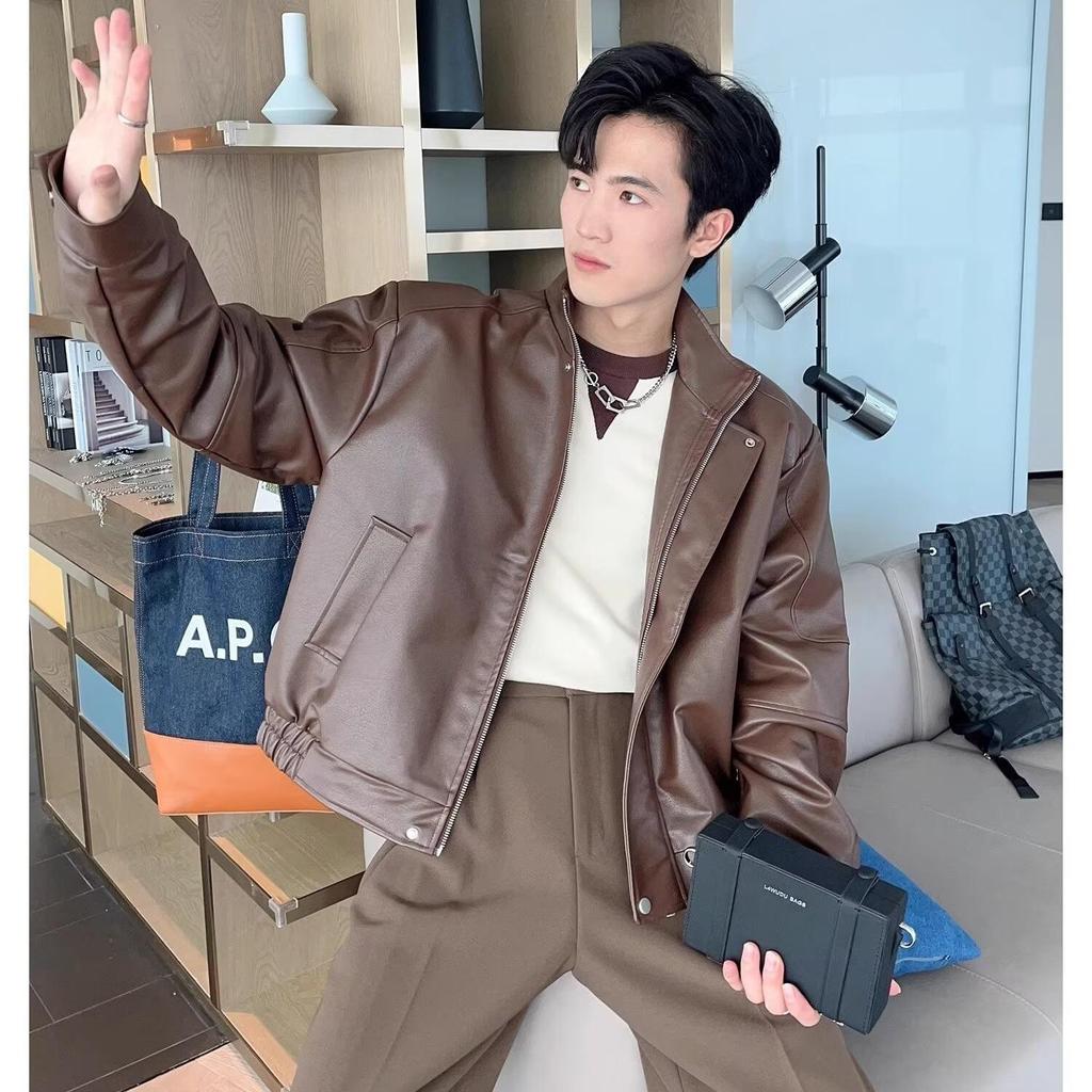 Hong Kong Retro Stand Collar PU Leather Jacket: Men's Trendy, Loose, Padded Shoulder, Motorcycle Style for Spring and Autumn.