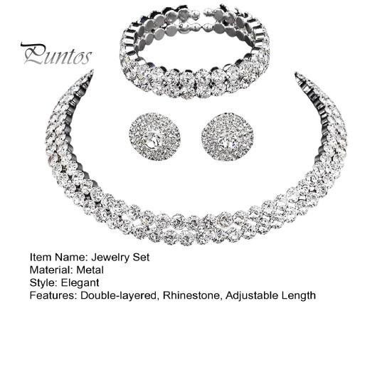 3 Pcs/Set Women Jewelry Set Rhinestone Double-layered Floral Decor Necklace Earrings Bracelet Set Adjustable Length Bride Wedding Jewelry for Prom