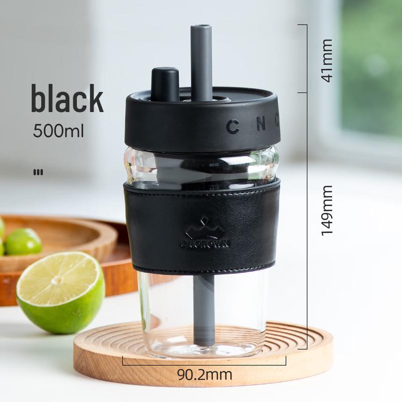 CNCrown Yuanya Series Black Glass Cup with Straw and Sleeve