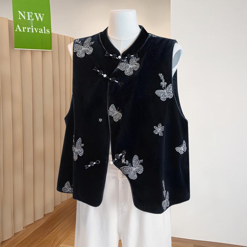 

Sibaishe Women s 2025 Autumn Embroidered Sequin Stand-Collar Vest L