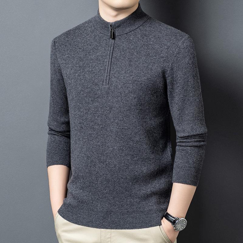 Men's 100% Pure Wool Half-Zip Thickened Sweater, High-End Solid Color Knitwear for Autumn/Winter