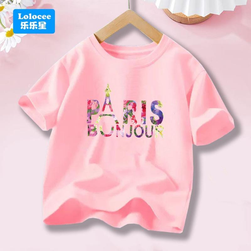 

Girls Paris Bonjour Floral Graphic Tee Casual Crew Neck Short Sleeve T-Shirt with Eiffel Tower Vintage Design Cotton Tops BLH1 110