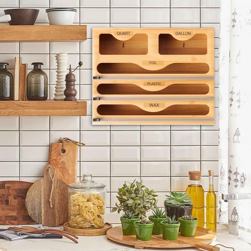5-in-1 Kitchen Storage Shelf Plastic Wrap Dispenser With Cutter Bamboo Ziplock Bag Organizer Multifunctional Wrap Dispensers