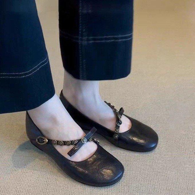 [Ushilai] French retro shallow mouth one-word buckle single shoes women's 2025 spring new bow Mary Jane shoes