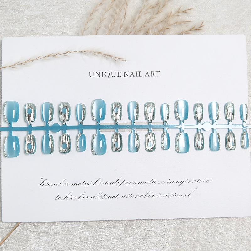 Handmade Elegant Ice Blue Cat Eye Buccellati Gilded Wearable Nail Tips and Finished Stickers.