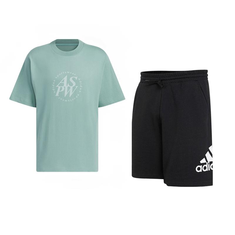 

Adidas Letter Print Pullover Short Sleeve Top With Drawstring Mid Waist Shorts Casual Sports Set Men sets JI6258+IC9401 S