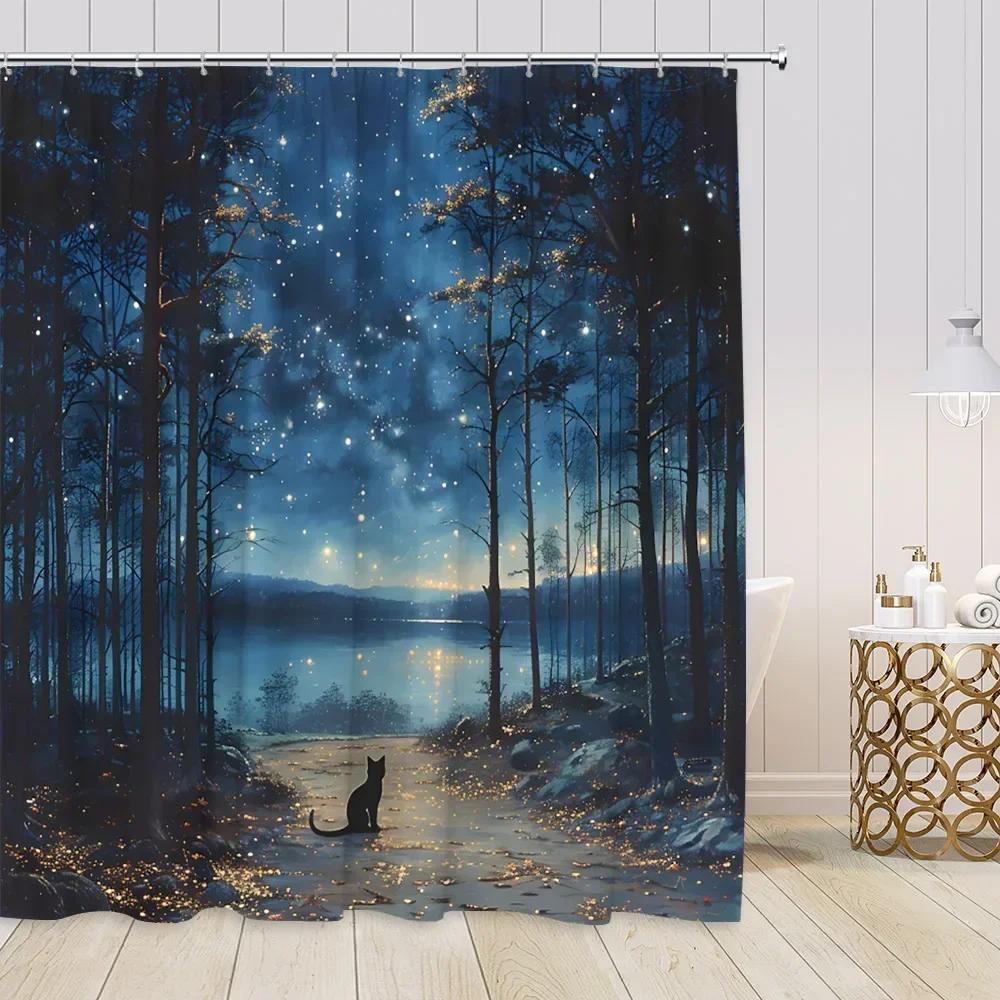 Starry Sky Night Forest View Shower Curtains Animals Fantasy Night View Pine Trees Bathroom Decorations Modern Bath Curtains