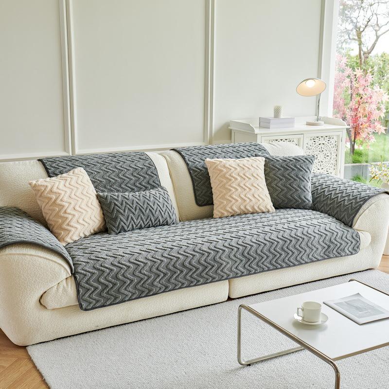 1PC Wave Pattern Plush Sofa Cushion Light Luxury Sofa Mat Towel Solid Color Anti-slip Couch Slipcover for Living Room Decor