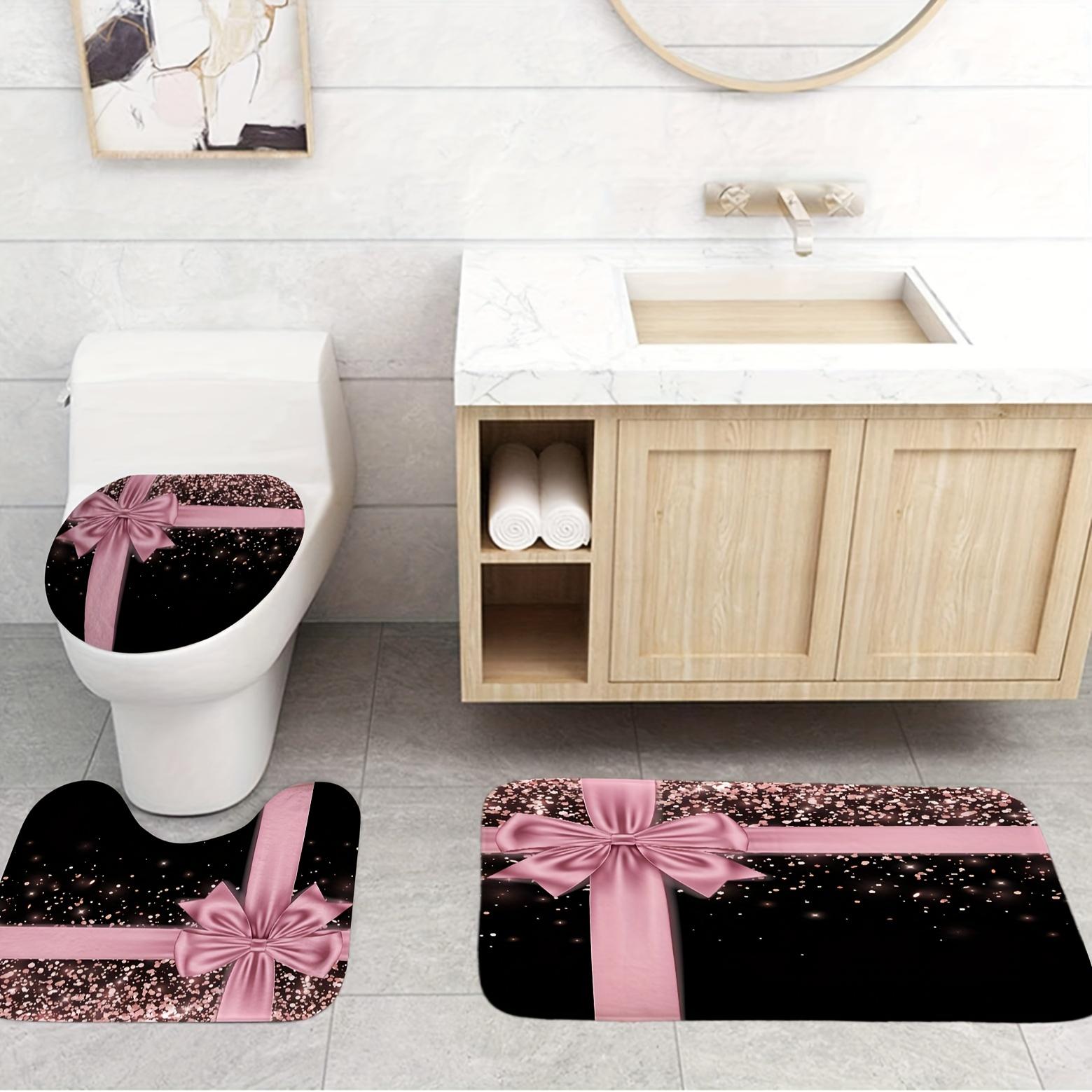 Cinbloo Duschvorhang-Set In Pink Mit Diamant-Muster - 4-teilig Mit Matte, WC-Bezug & Haken
