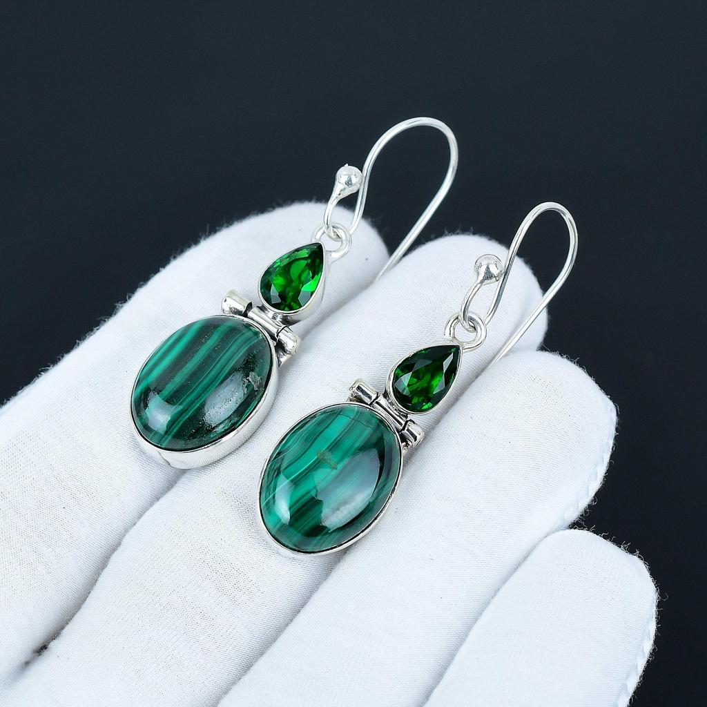 Elegant Malachite & Green Tourmaline Gemstone Earrings, 925 Sterling Silver Earrings, Antique Jewelry, Dangle Drop Earrings For Love Gifts