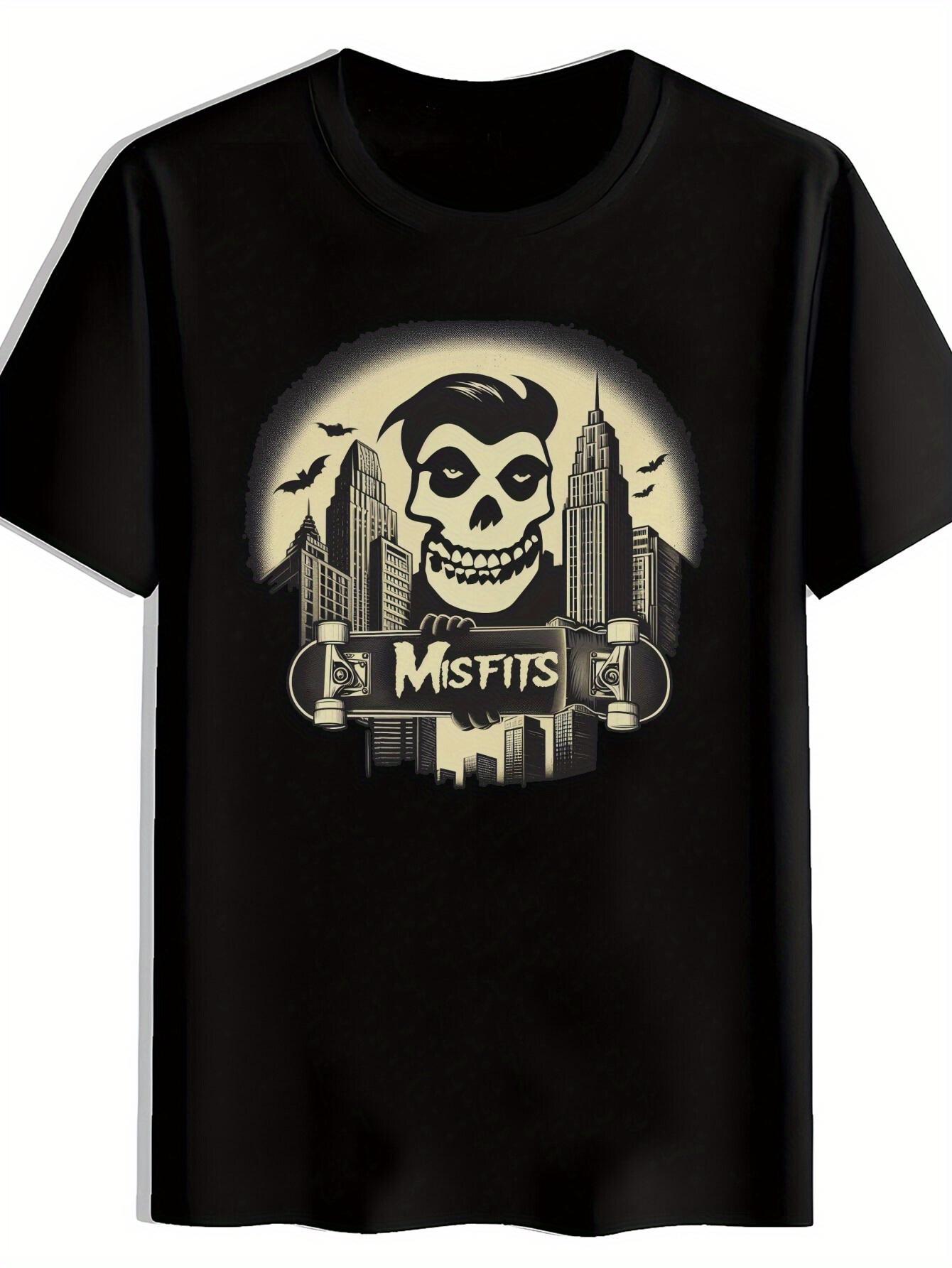 

Vintage Rock Band Graphic T-shirt - Black Short Sleeve Round Neck Summer Tee with Skull & City Skyline Print S