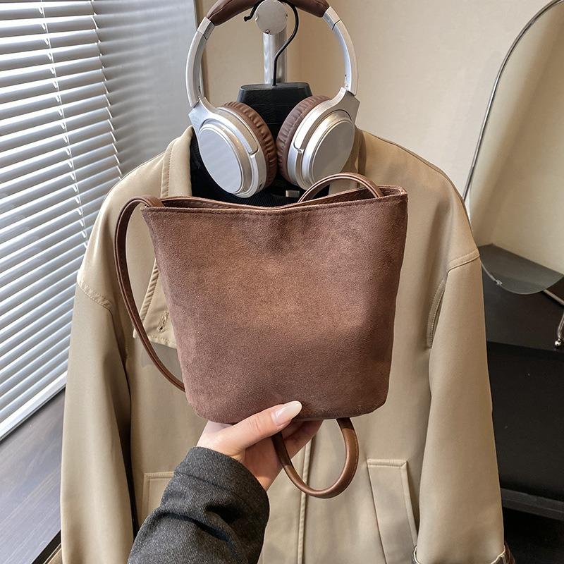 Women Fashion Mini Suede Pu Single Shoulder Underarm Small Bucket Handbag