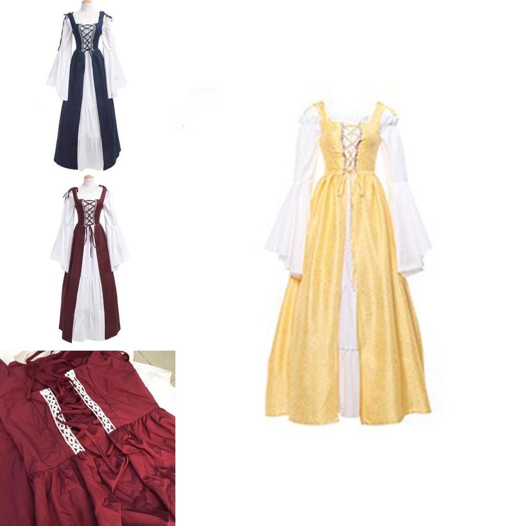 Elegantes Damen Vintage Renaissance Mittelalter Langes Kleid Mit Ausgestellten Ärmeln Und Schnürdetail