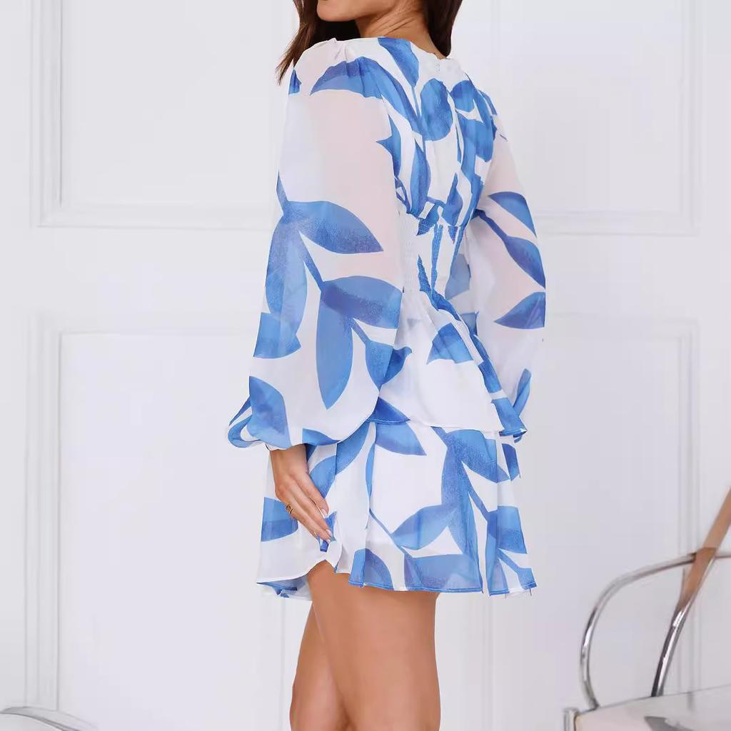 European and American Women's Clothing Autumn New Long-sleeved Dress Waist Flower Print Dress