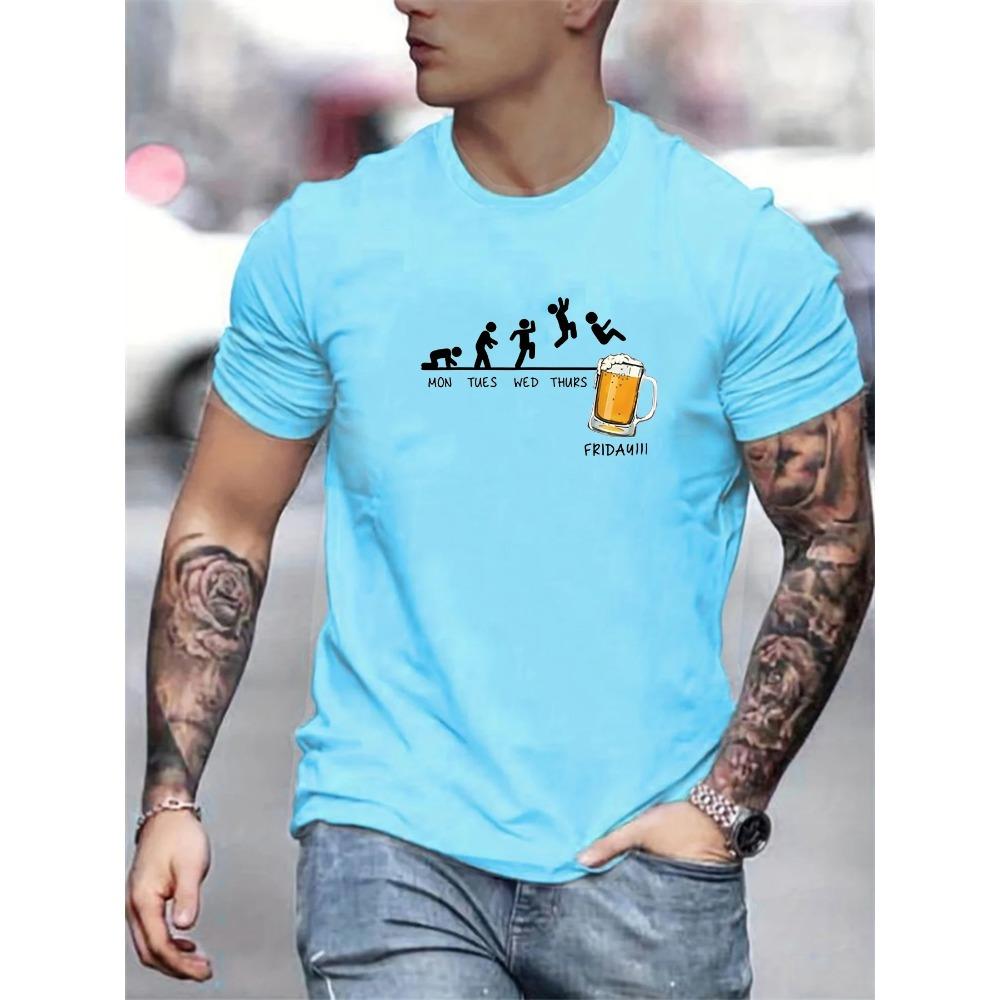 Summer men's 100% cotton casual loose size Jumping In Beer print round neck short sleeved T-shirt top