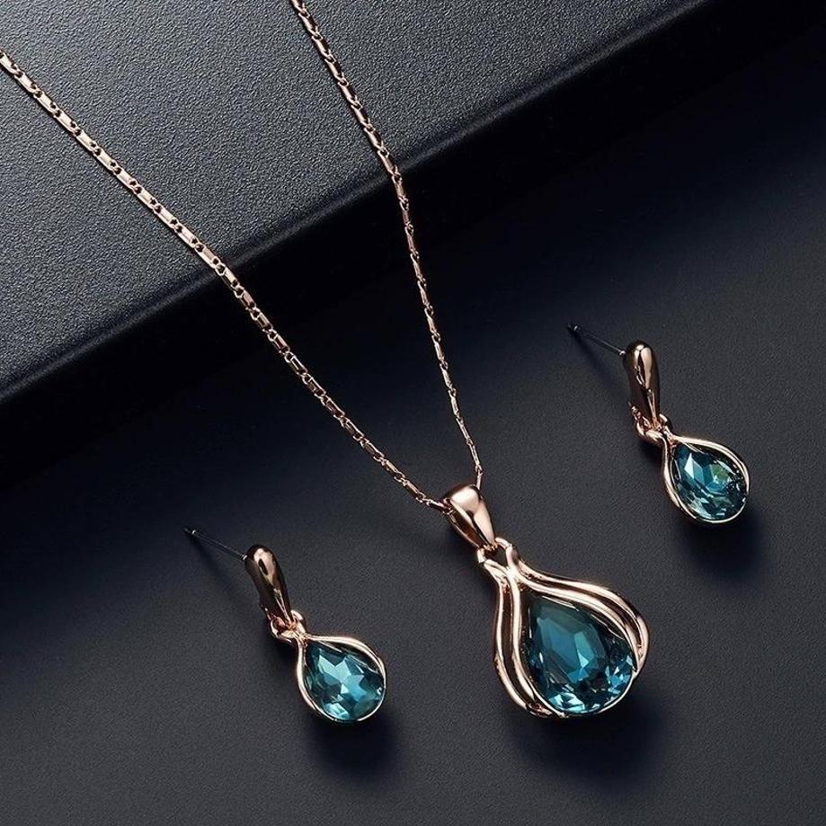 Korean Version New Oval Gemstone Necklace With Full Diamond Earrings Necklace Set
