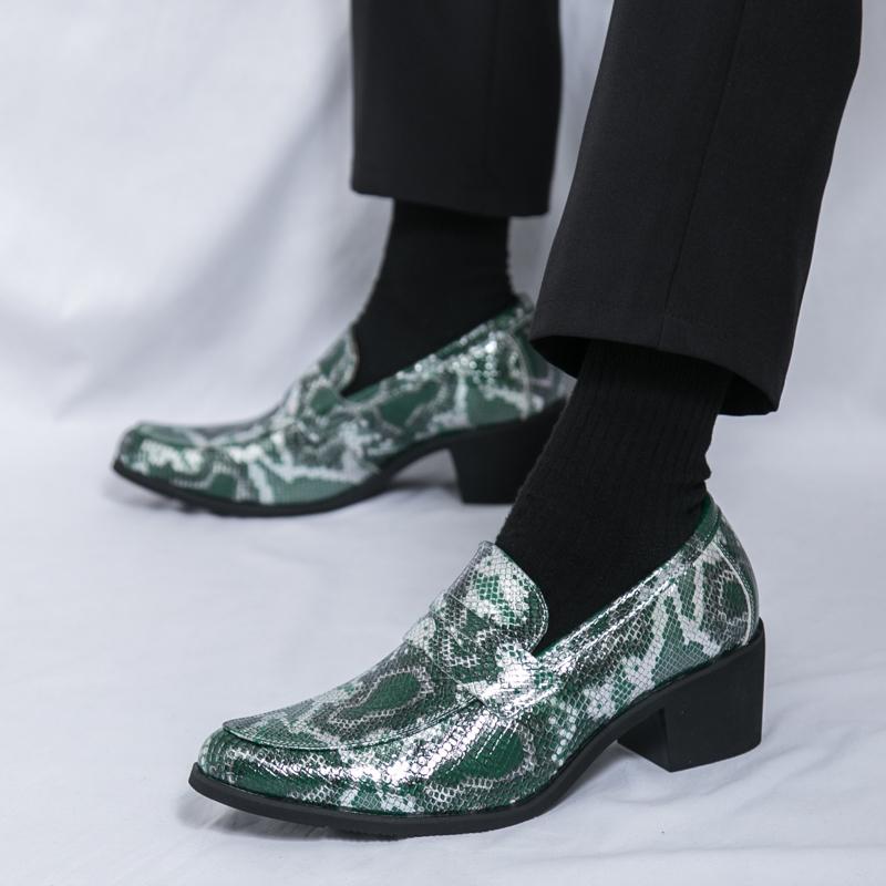 Fashion British Style Green Snake Skin Pattern Leather Loafers For Men Retro Mens Dress Shoes Party Formal Shoes 6cm High Heels